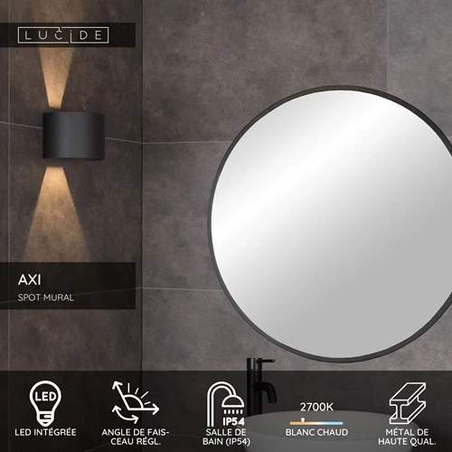 Lucide AXI - Spot mural / Applique mural Salle de bains - LED - 2x3,5W 2700K - IP54 - Angle du faisceau réglable - Noir - USP